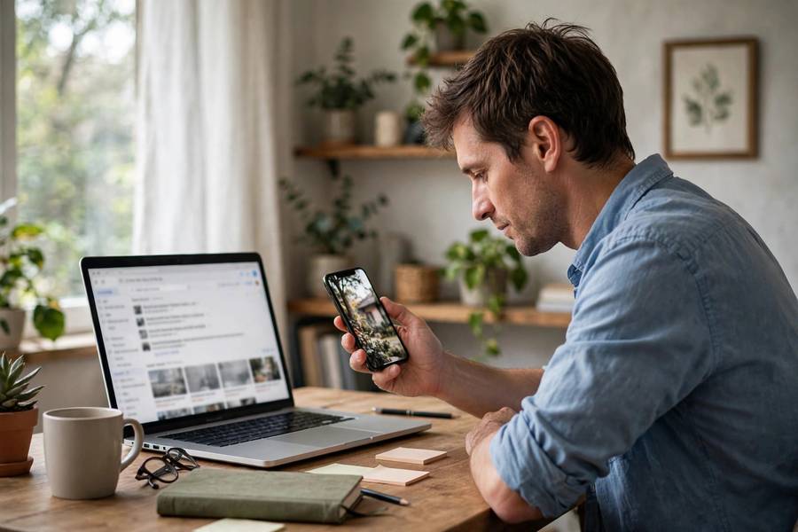 Person comparing a viral social media photo with original source results on a laptop