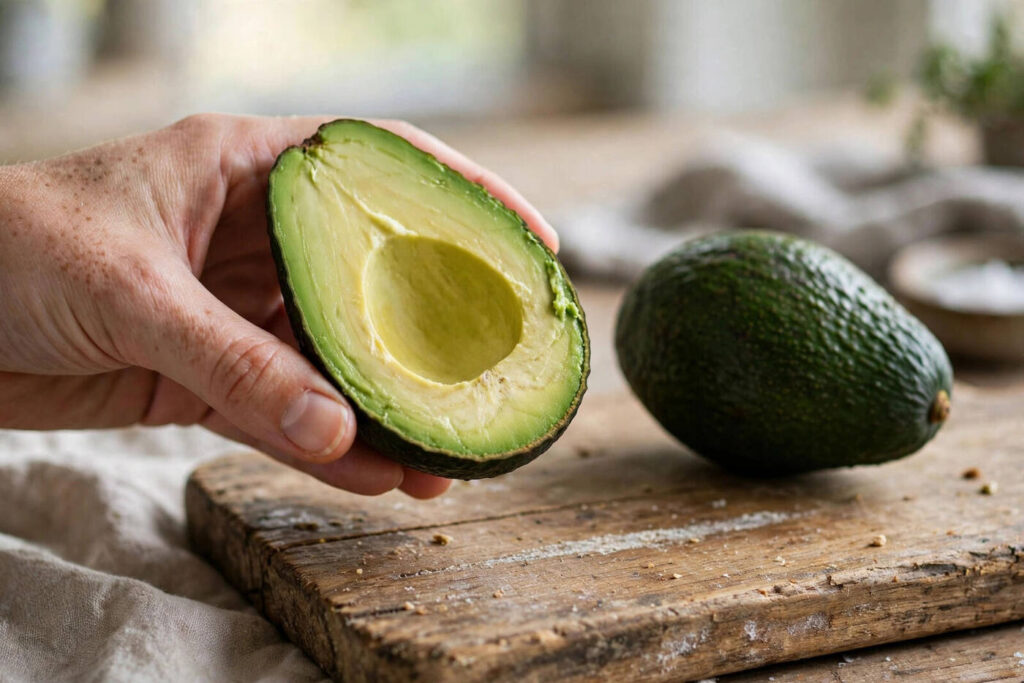 Hand holding a ripe avocado cut in half next to an unripe whole avocado