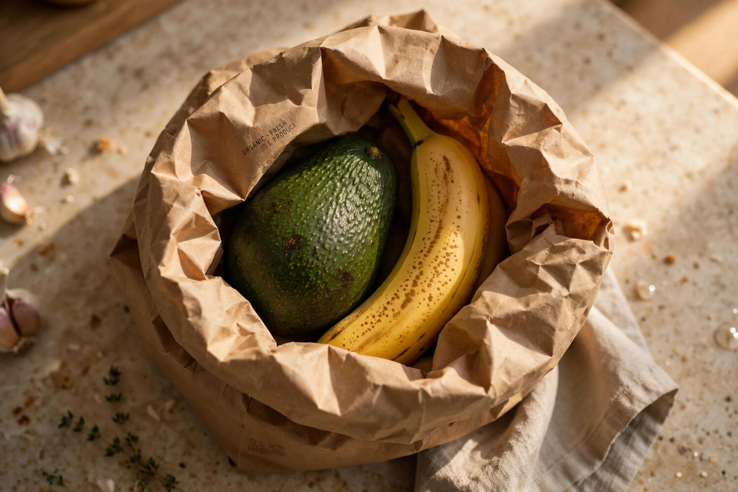 Avocado and banana sealed together in a brown paper bag