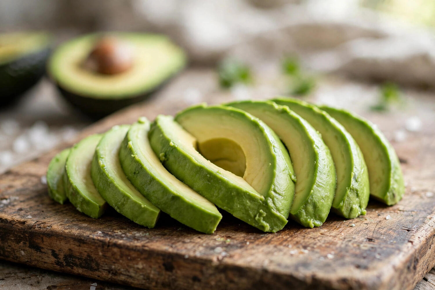Sliced ripe avocado with vibrant green flesh on a wooden board