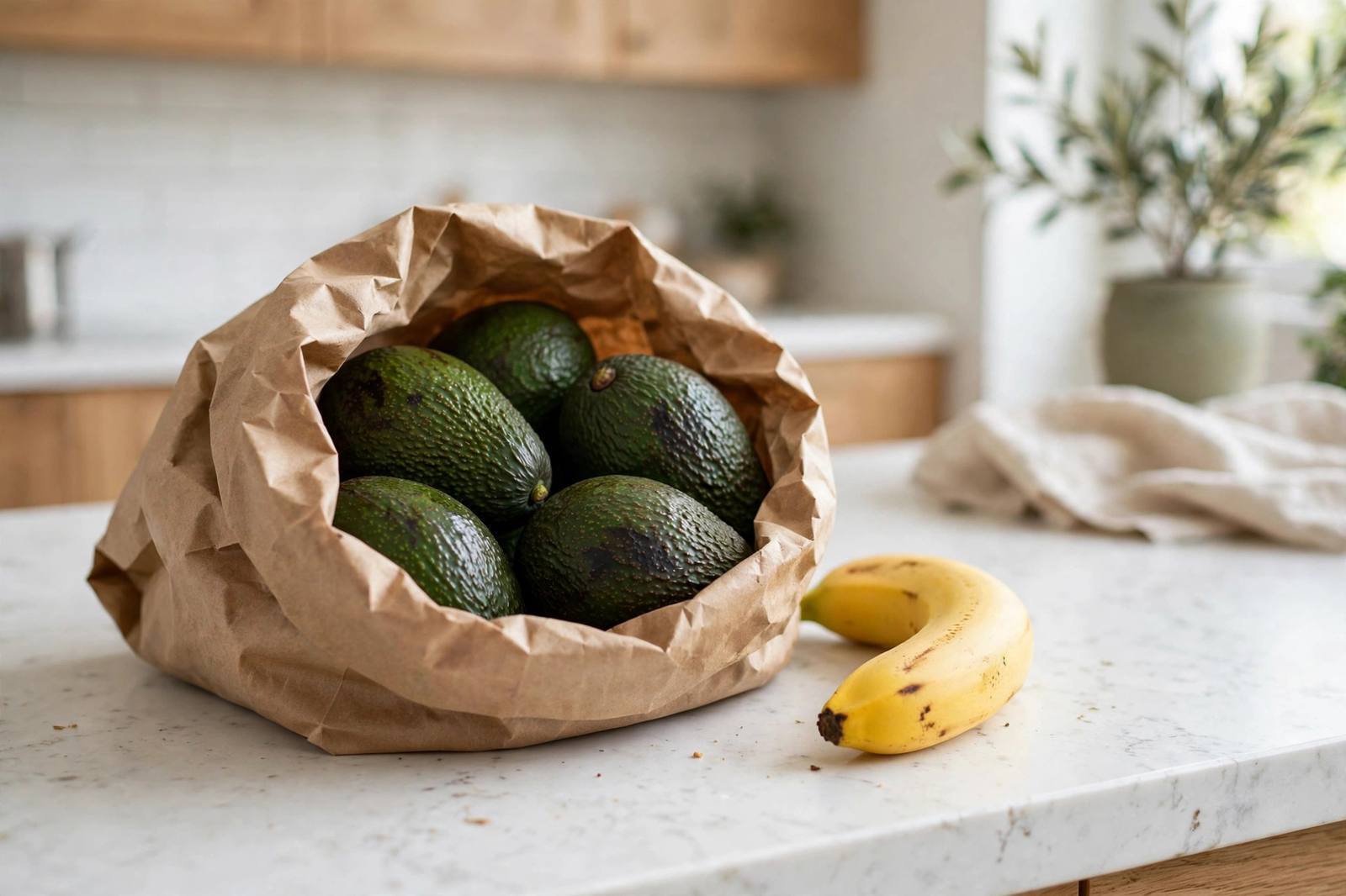 Avocados ripening inside a brown paper bag with a banana on a wooden kitchen counter