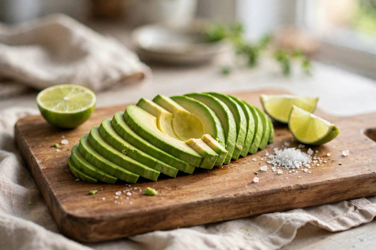 Sliced ripe avocado fanned on a cutting board with lime wedges and sea salt