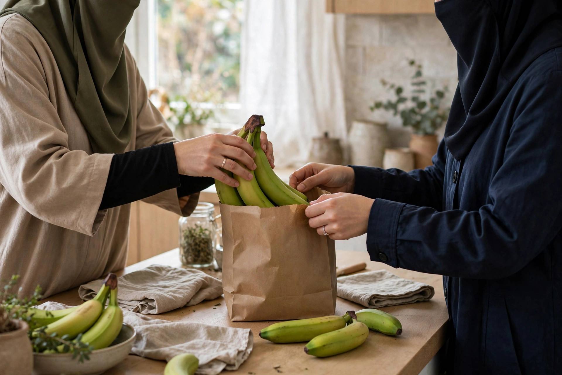 Hands placing green bananas into a brown paper bag on a kitchen counter