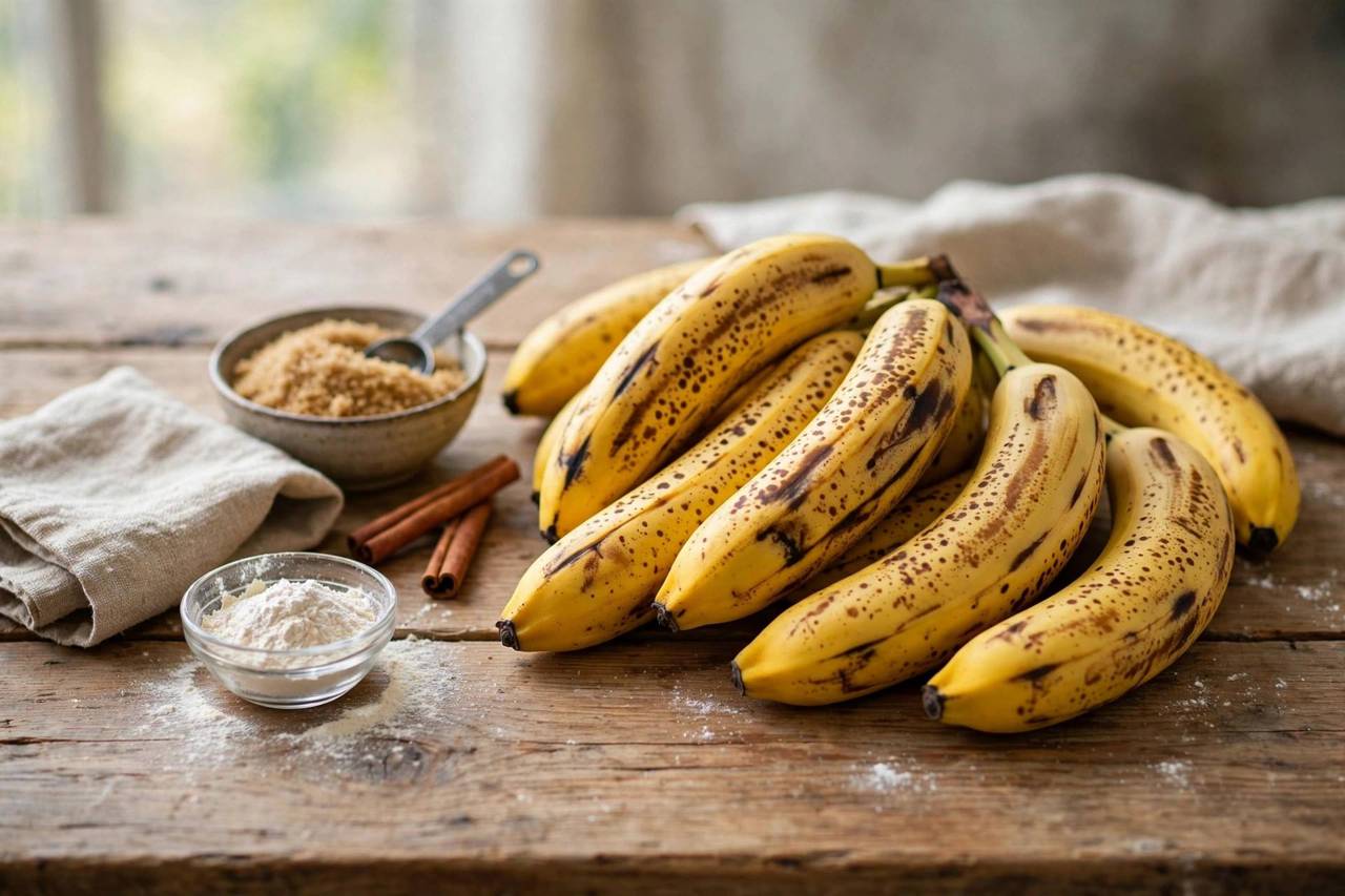 Ripe spotted bananas ready for baking arranged on a wooden table