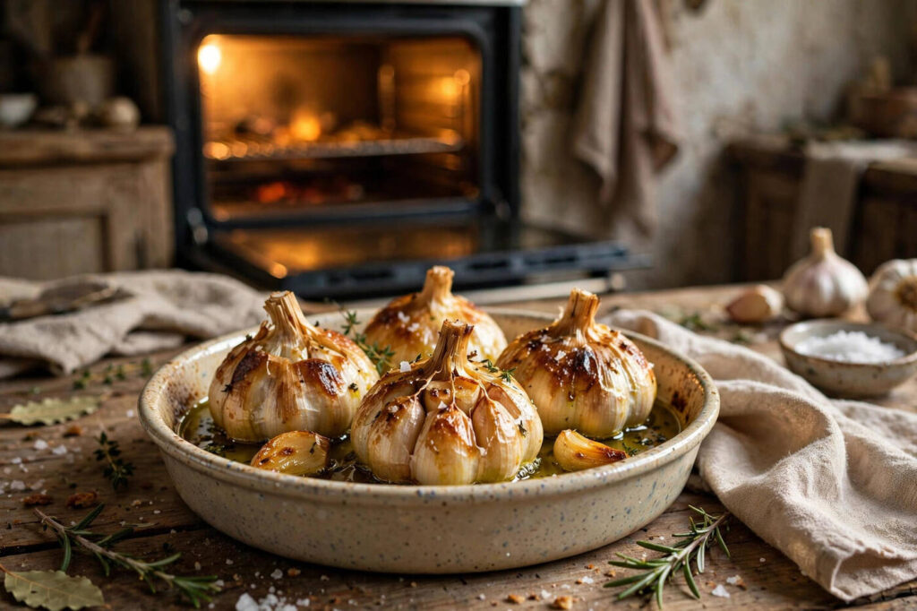 Whole heads of garlic roasted golden in the oven with olive oil