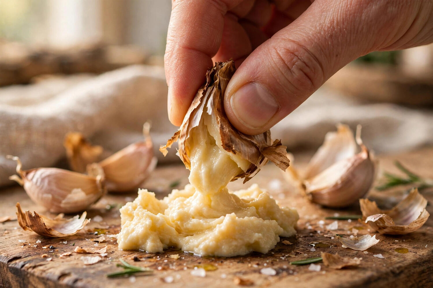 Hands squeezing soft roasted garlic cloves from their skins