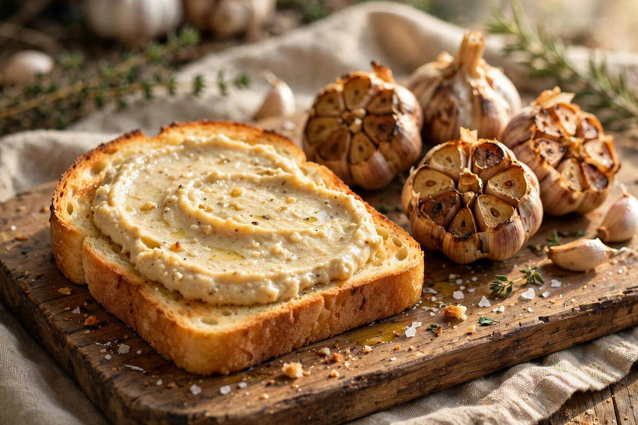 Creamy roasted garlic spread on toasted bread