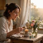 How to Romanticize Your Life: A Practical Guide to Making Ordinary Days Feel Meaningful Woman romanticizing her morning routine with candlelight and fresh flowers