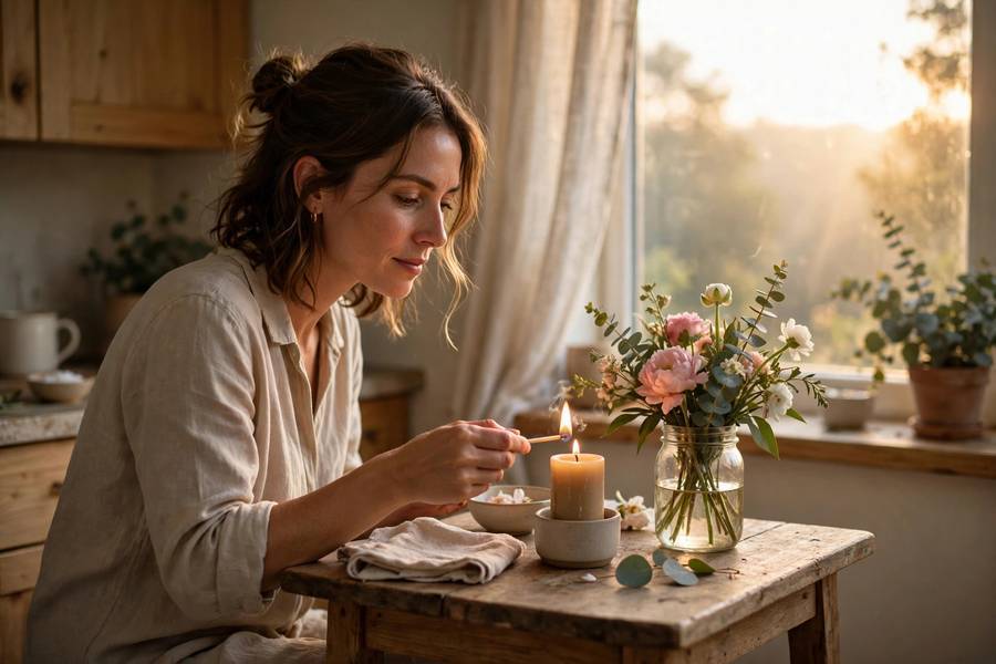 Woman romanticizing her morning routine with candlelight and fresh flowers