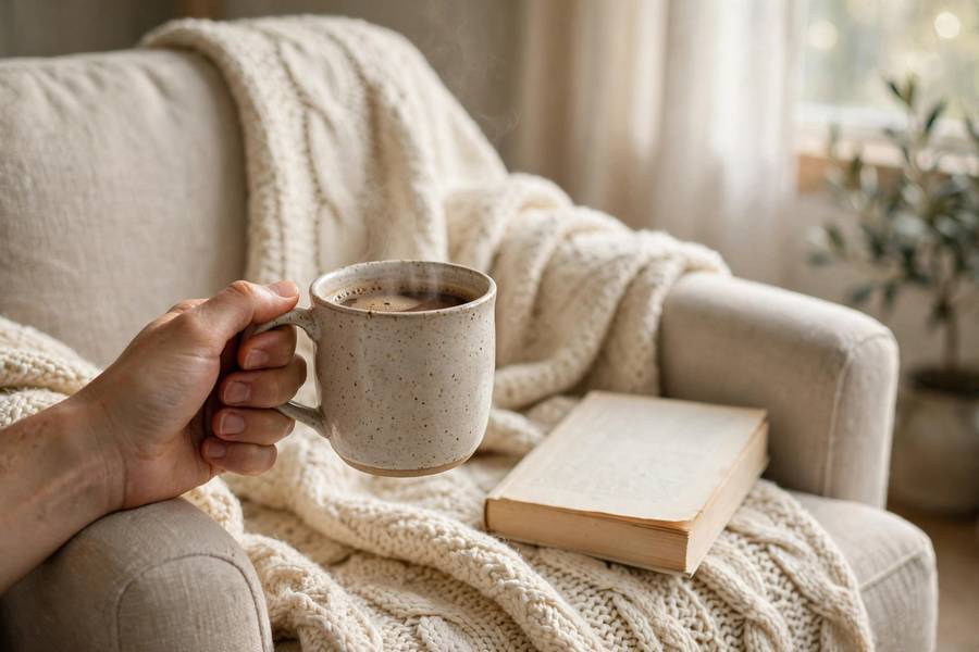 Cozy morning moment with coffee and a book while learning how to romanticize your life