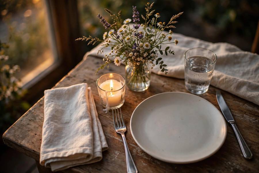 A simple romanticized weeknight dinner set with care at home