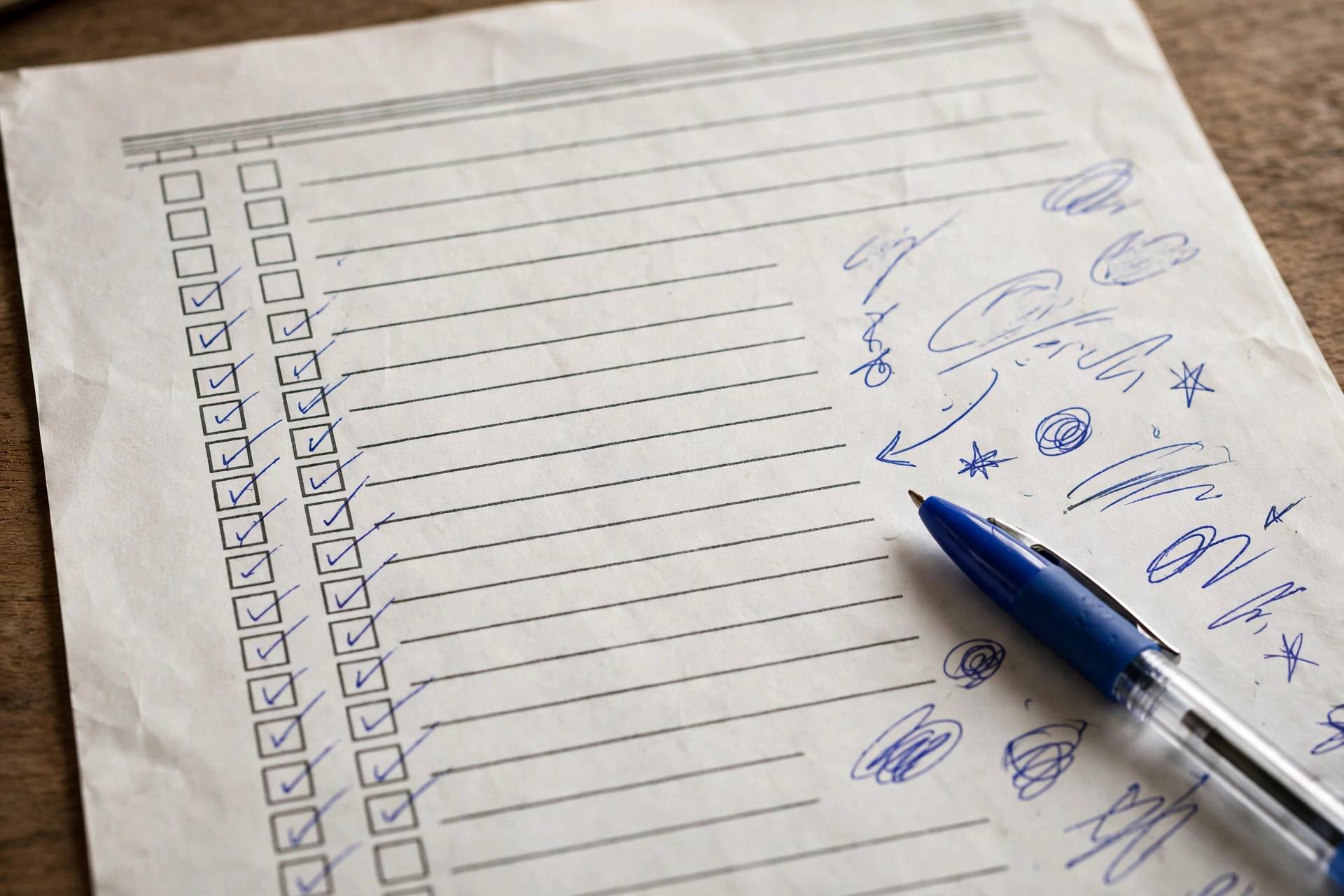 Close-up of a printed meeting agenda with notes and a pen