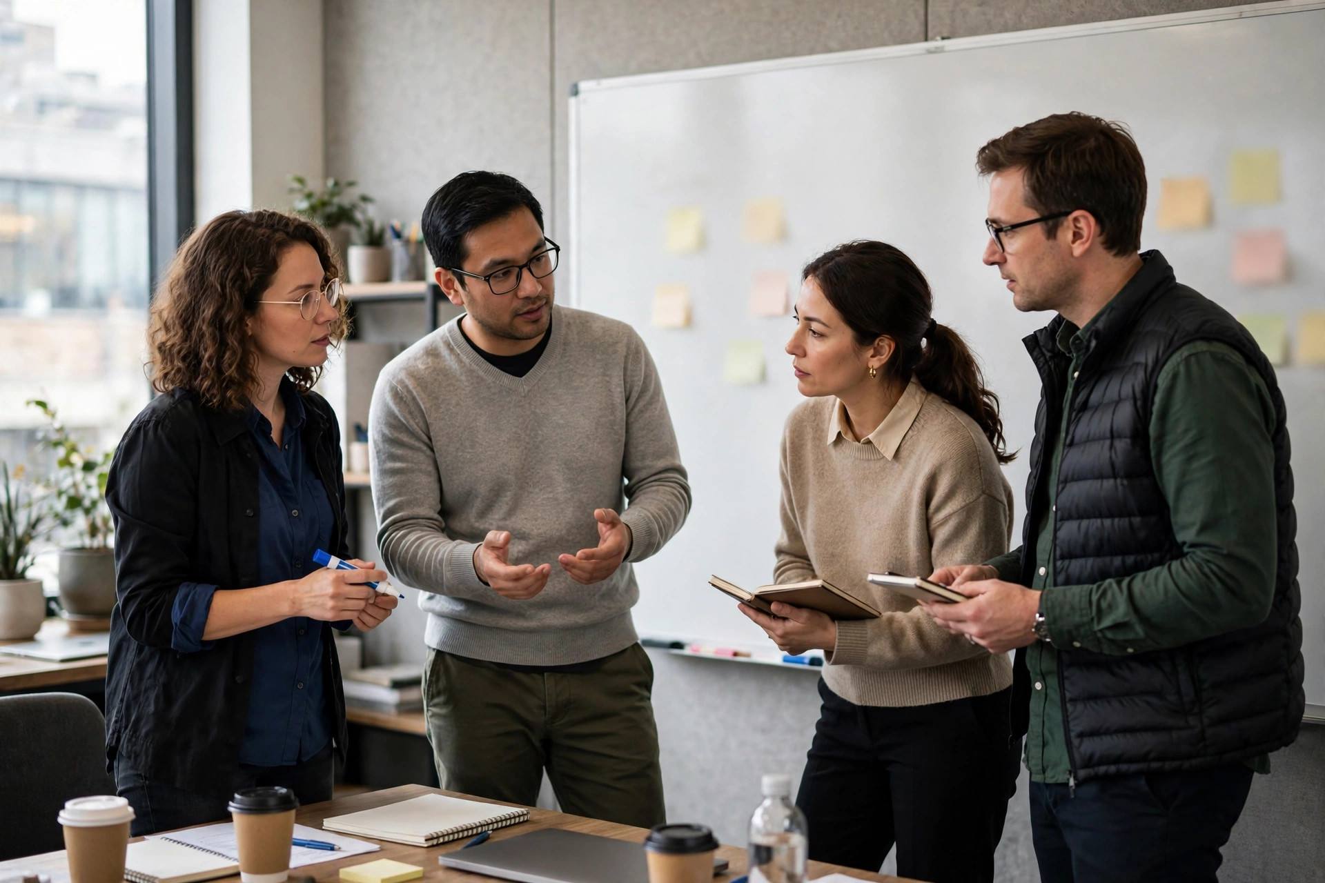 Team members collaborating on a whiteboard during a meeting