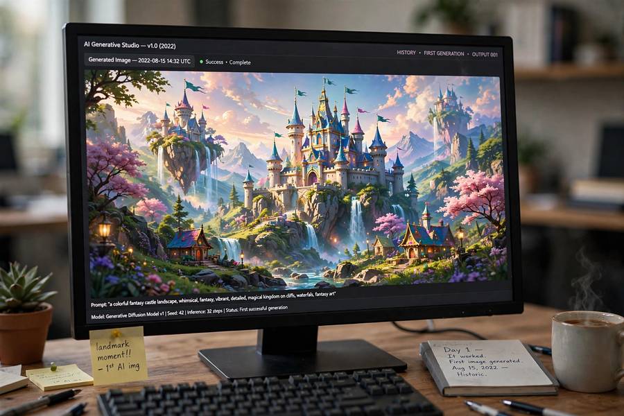 A first AI-generated fantasy landscape appearing on screen after running Stable Diffusion locally