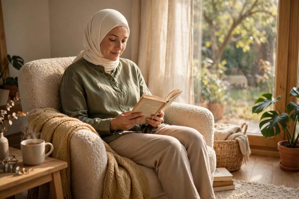Relaxed woman reading a book in a cozy armchair by a window, modest clothing, calm afternoon