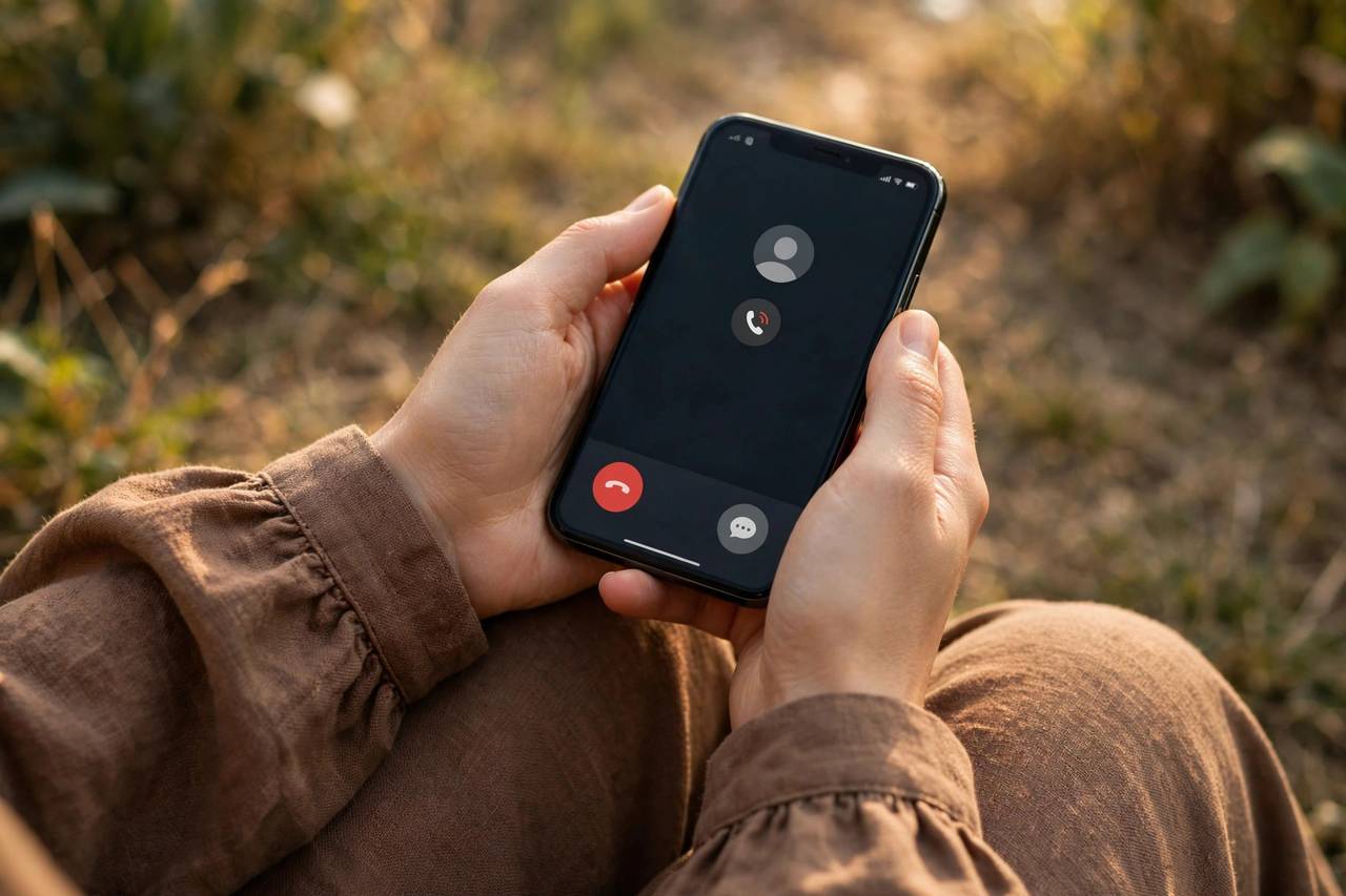 Close-up of hands holding a phone with a polite decline message on screen, soft natural light