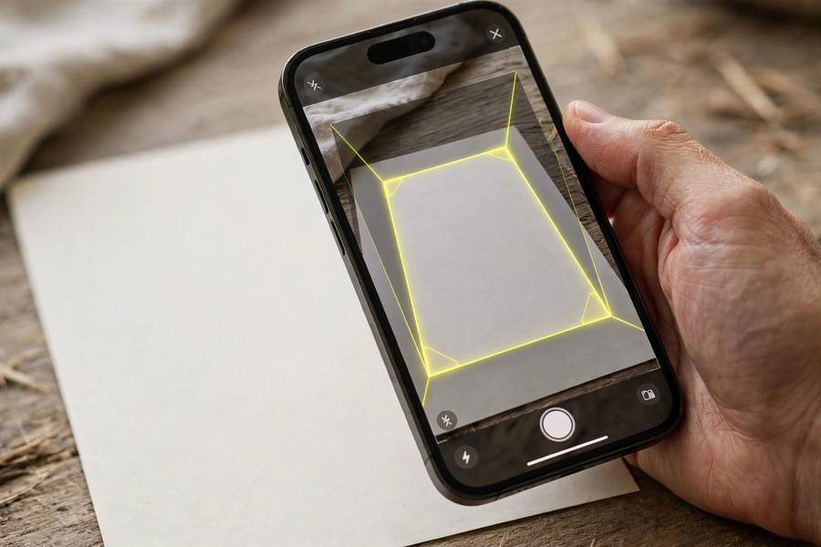 iPhone scanning a paper document using the Notes app scanner with yellow edge detection
