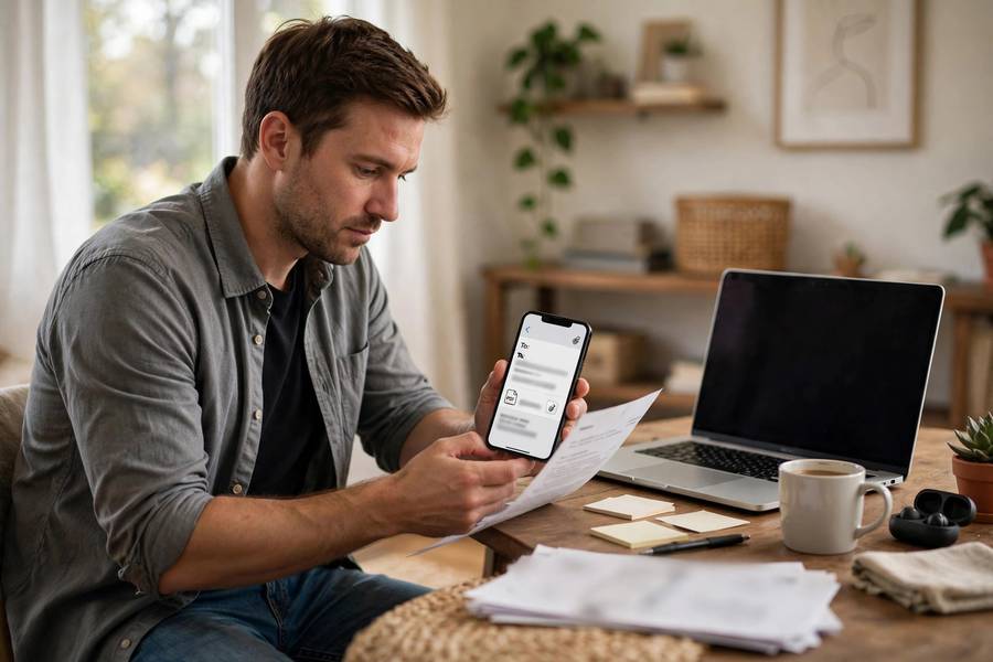Person emailing a freshly scanned PDF document from iPhone to a laptop