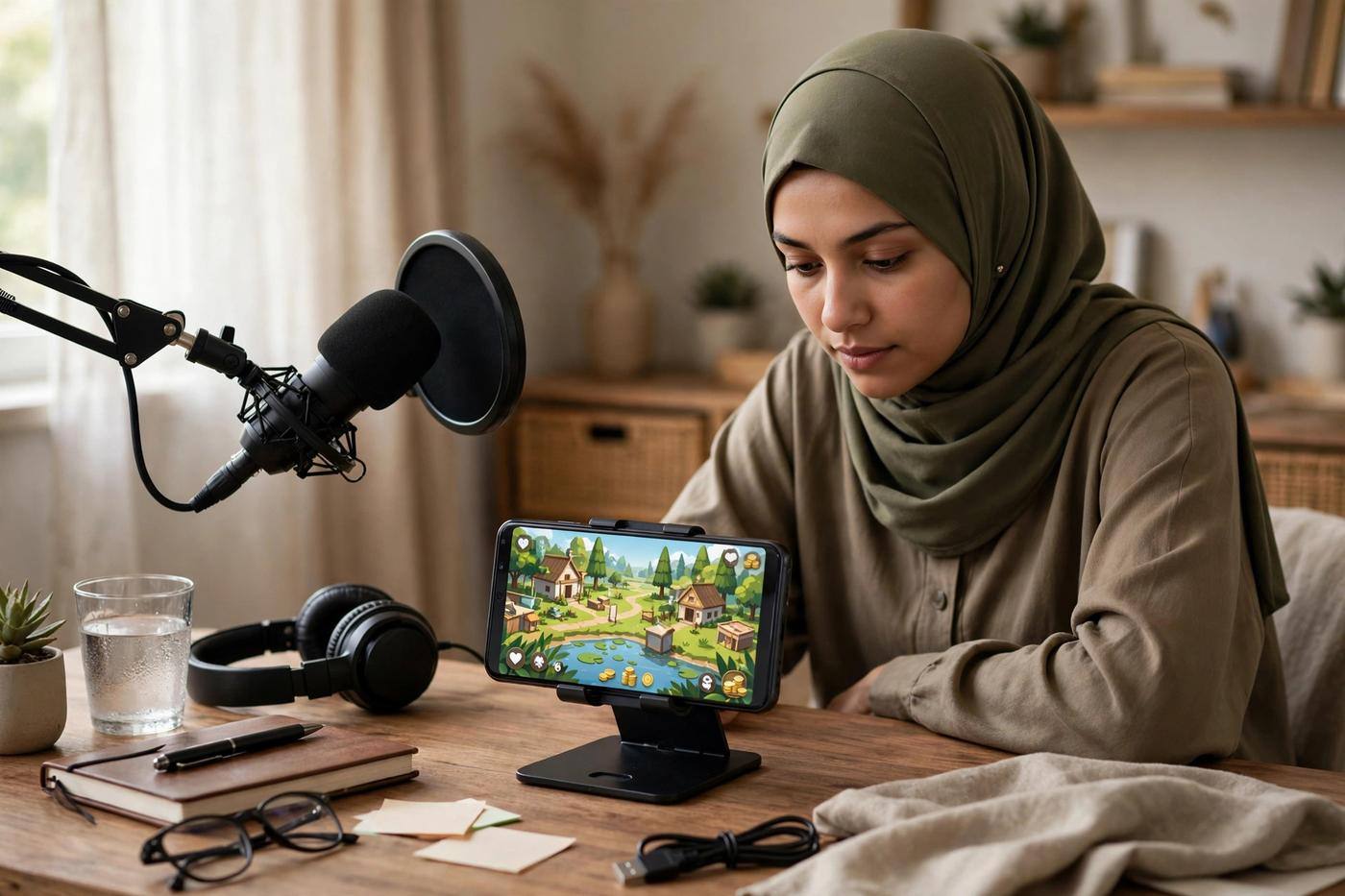 Person recording a mobile game on an Android phone propped on a desk with a microphone nearby
