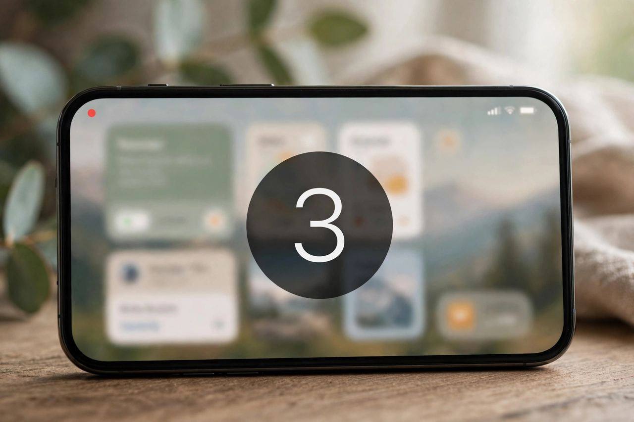 iPhone screen showing the screen recording three-second countdown over an app