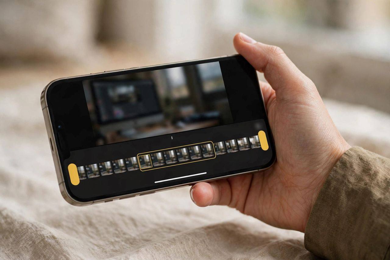 Hand holding an iPhone with the Photos app open, trimming a screen recording on the edit timeline