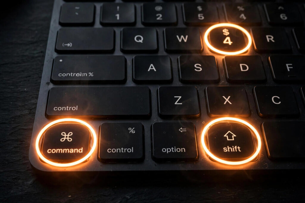 Mac keyboard showing Command Shift 4 shortcut keys highlighted