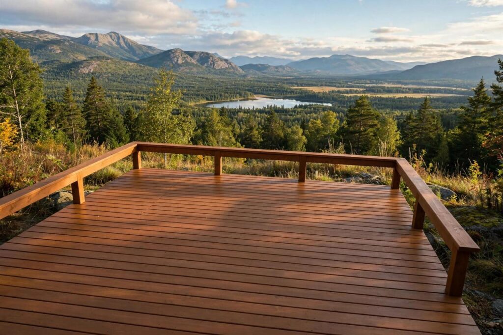 A freshly sealed wooden deck with rich even color in afternoon light