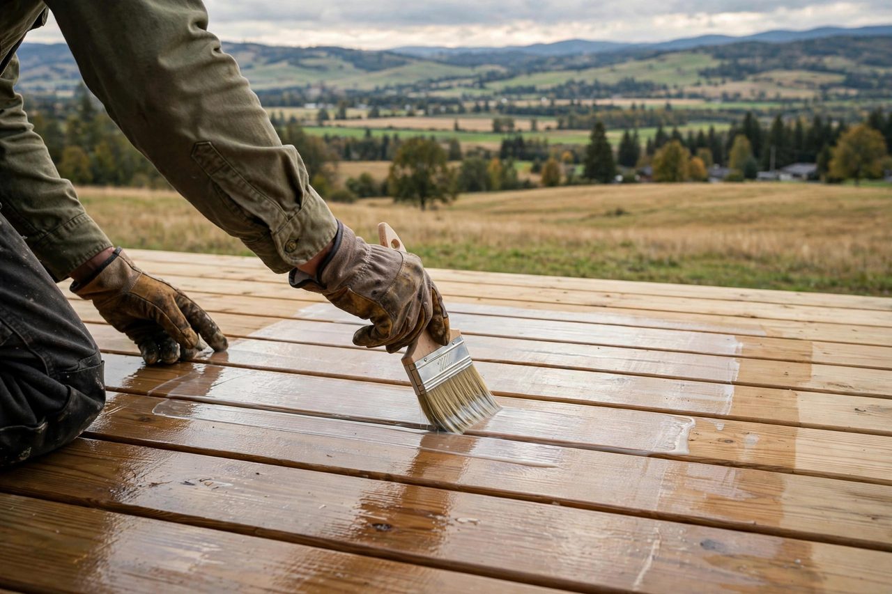 Applying deck sealer to boards with a brush in long strokes