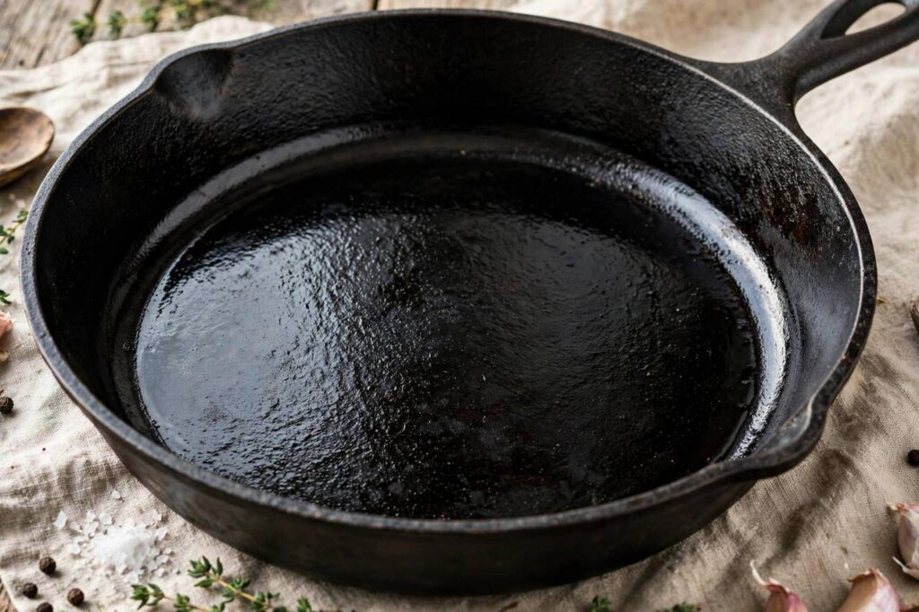 Well-seasoned cast iron skillet with glossy black cooking surface