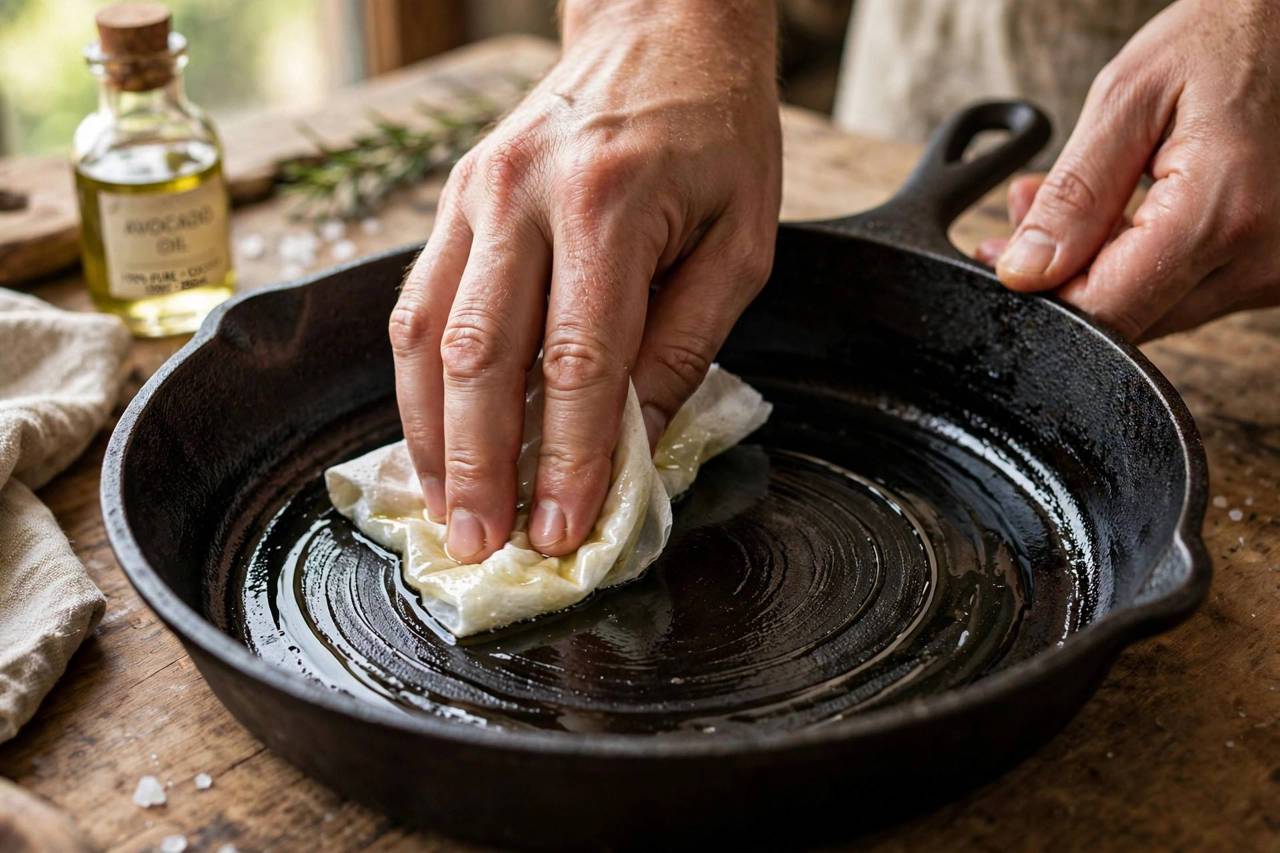 Hands rubbing thin layer of oil into cast iron skillet