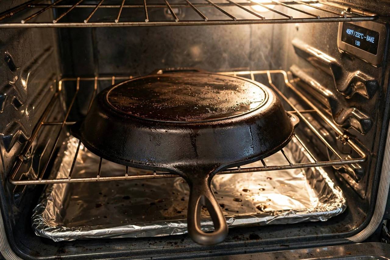 Cast iron skillet upside down in oven during seasoning process