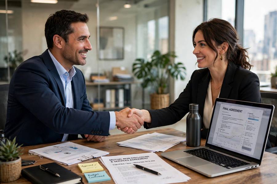 Business owners shaking hands on a completed deal