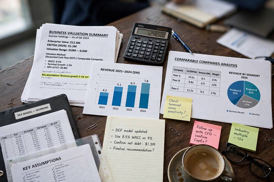 Financial documents and charts during a business valuation
