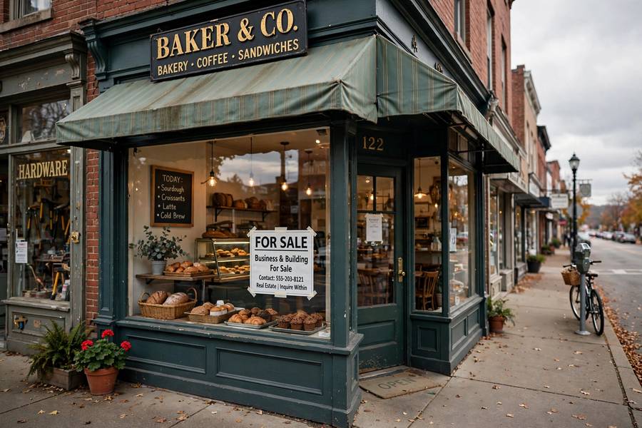 A small business storefront with a for sale sign