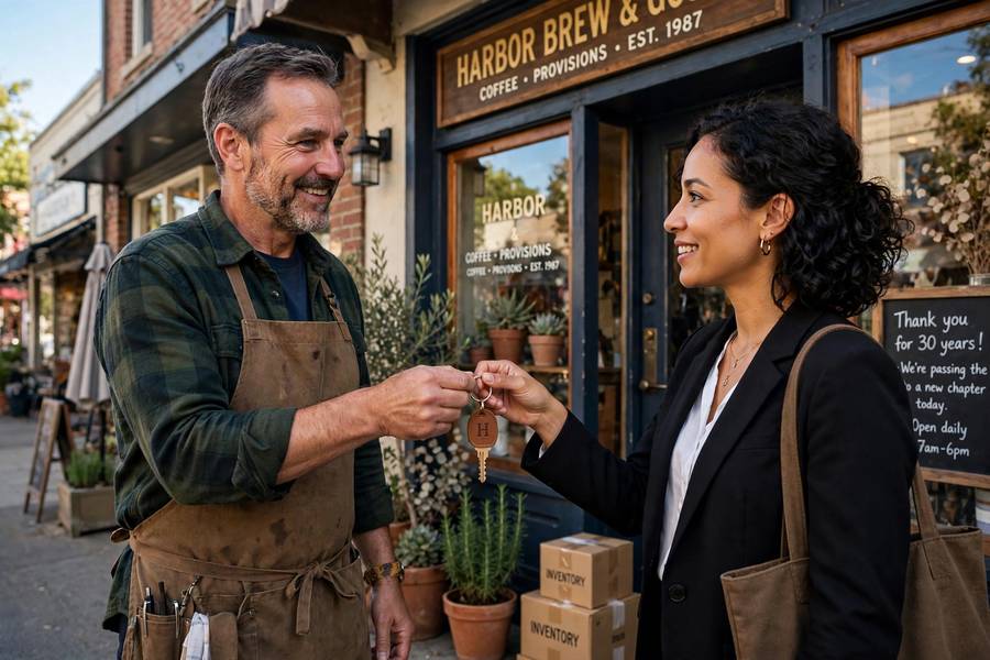 A business owner handing over keys to the new owner