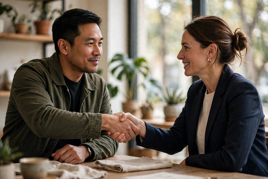Two business owners shaking hands on private sale