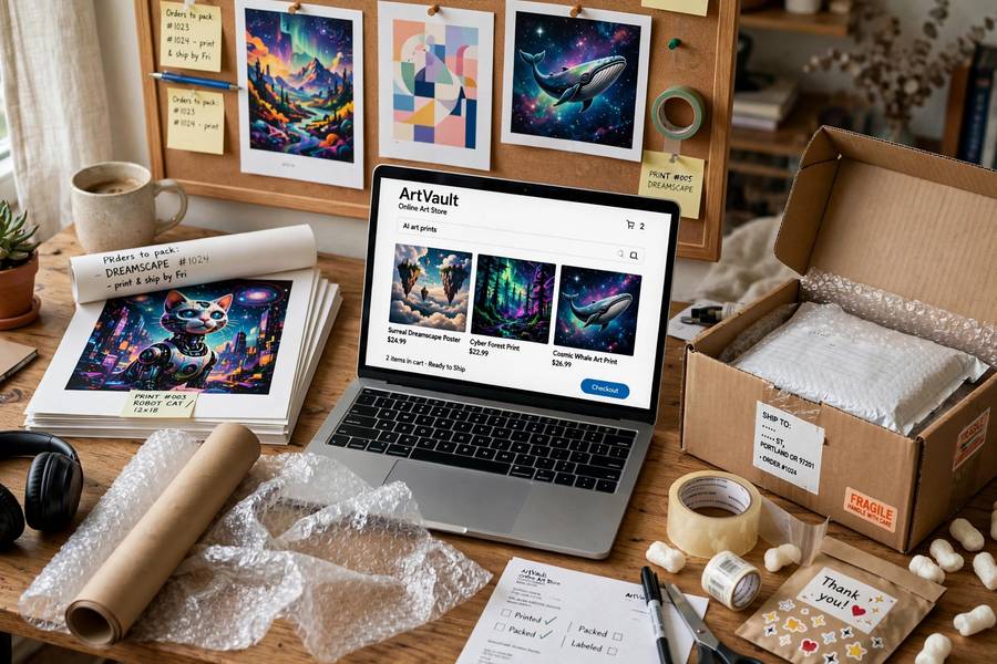 Selling AI art online from a home studio with printed posters ready to ship