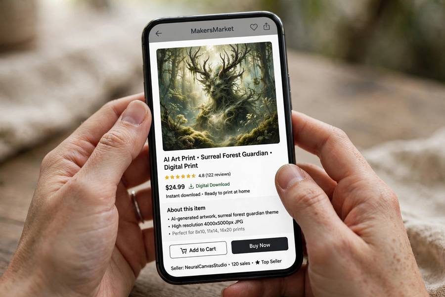 Browsing AI art listings on a phone, learning how to sell AI art online