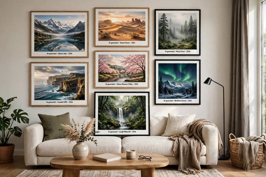 Framed AI art prints displayed as products for those learning how to sell AI art online