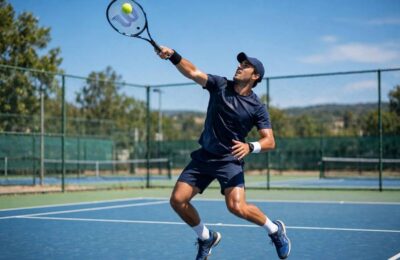 Tennis player demonstrating how to serve a tennis ball with proper toss and contact