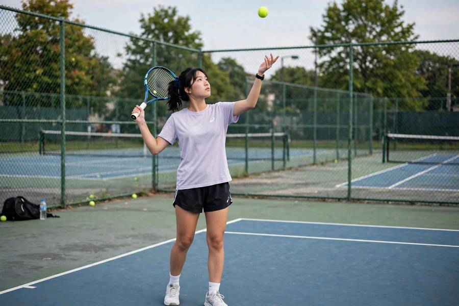 Practicing the ball toss for how to serve a tennis ball