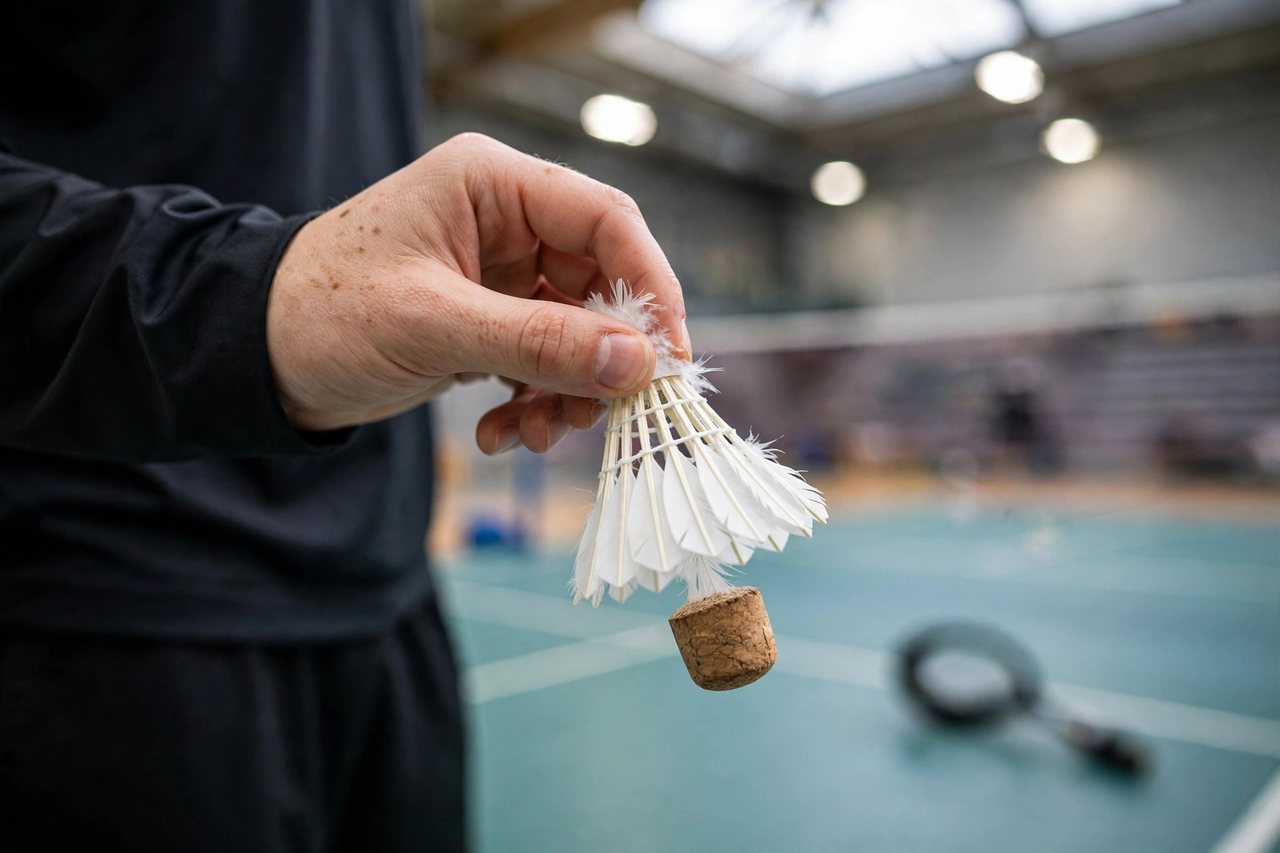 Close view of a shuttlecock held cork-down below the legal serve height limit