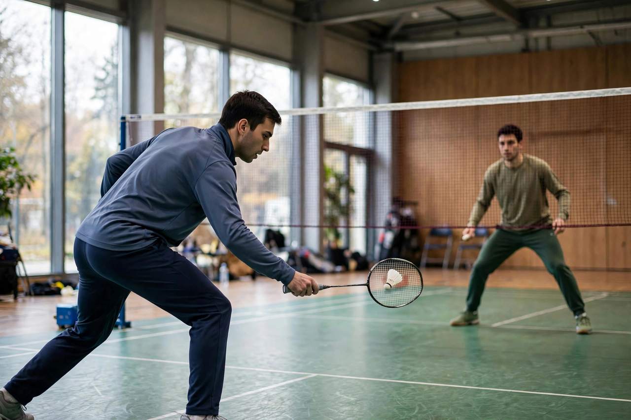 Badminton doubles player performing a backhand low serve near the net