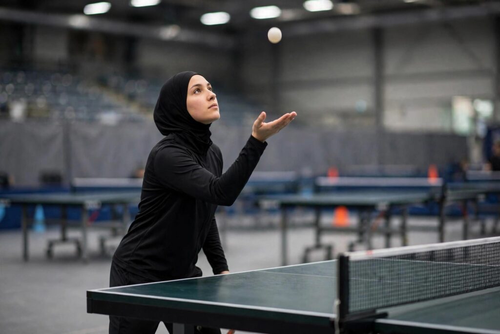 Table tennis player tossing the ball for a serve, showing the open flat palm technique