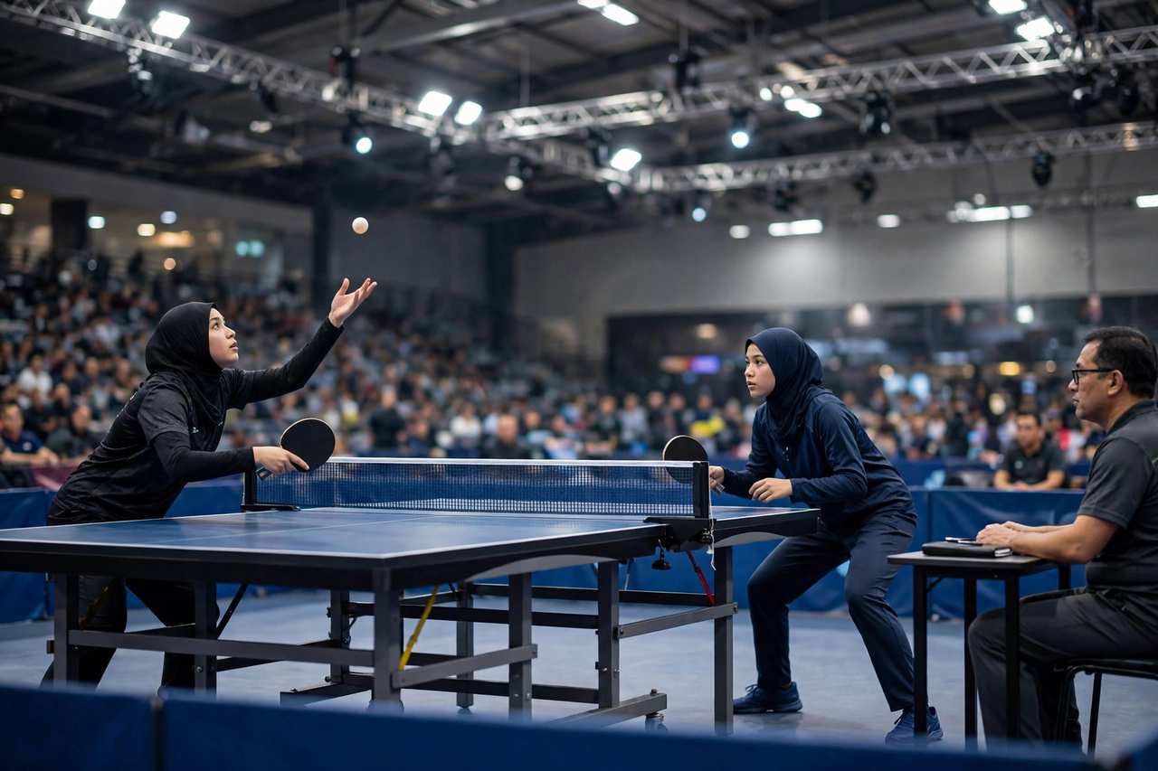 Competitive table tennis match in progress with an umpire watching the serve