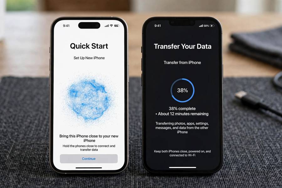 Two iPhones side by side using Quick Start data transfer