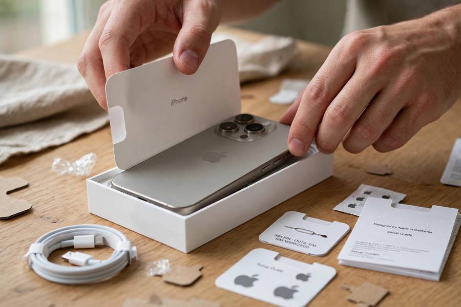 Hands unboxing a new iPhone with accessories