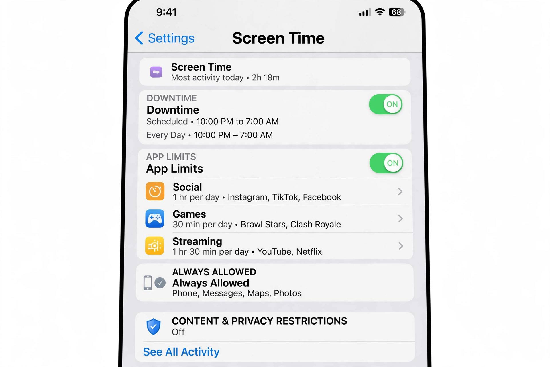 iPhone Screen Time settings screen showing app limits and downtime controls