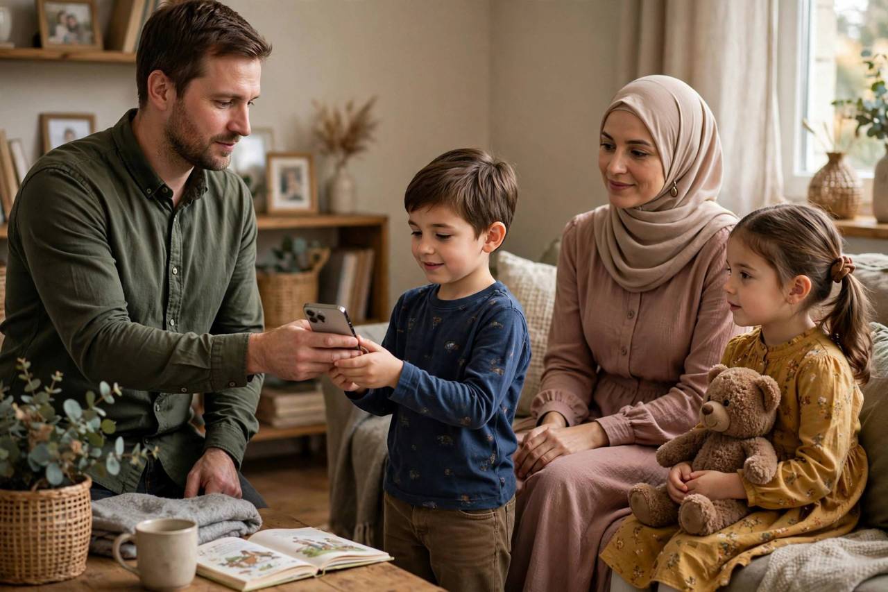 Parent handing an iPhone to a child in a home setting with family nearby
