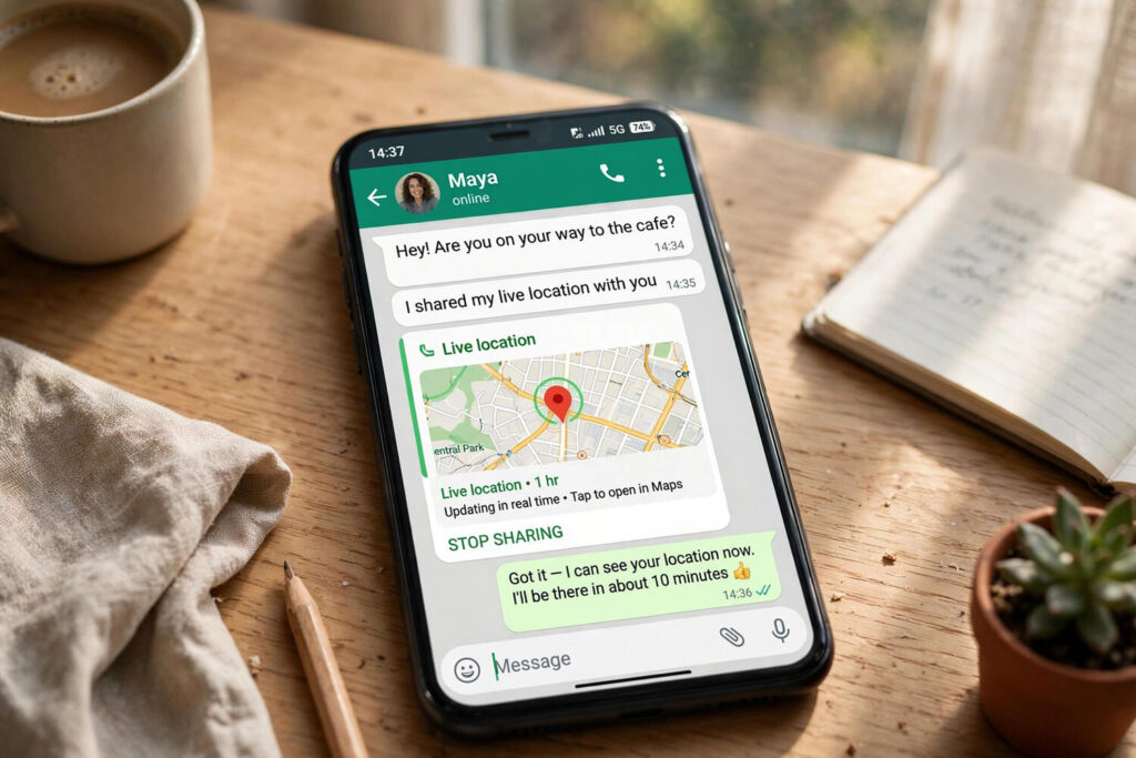 WhatsApp chat showing shared live location on a map